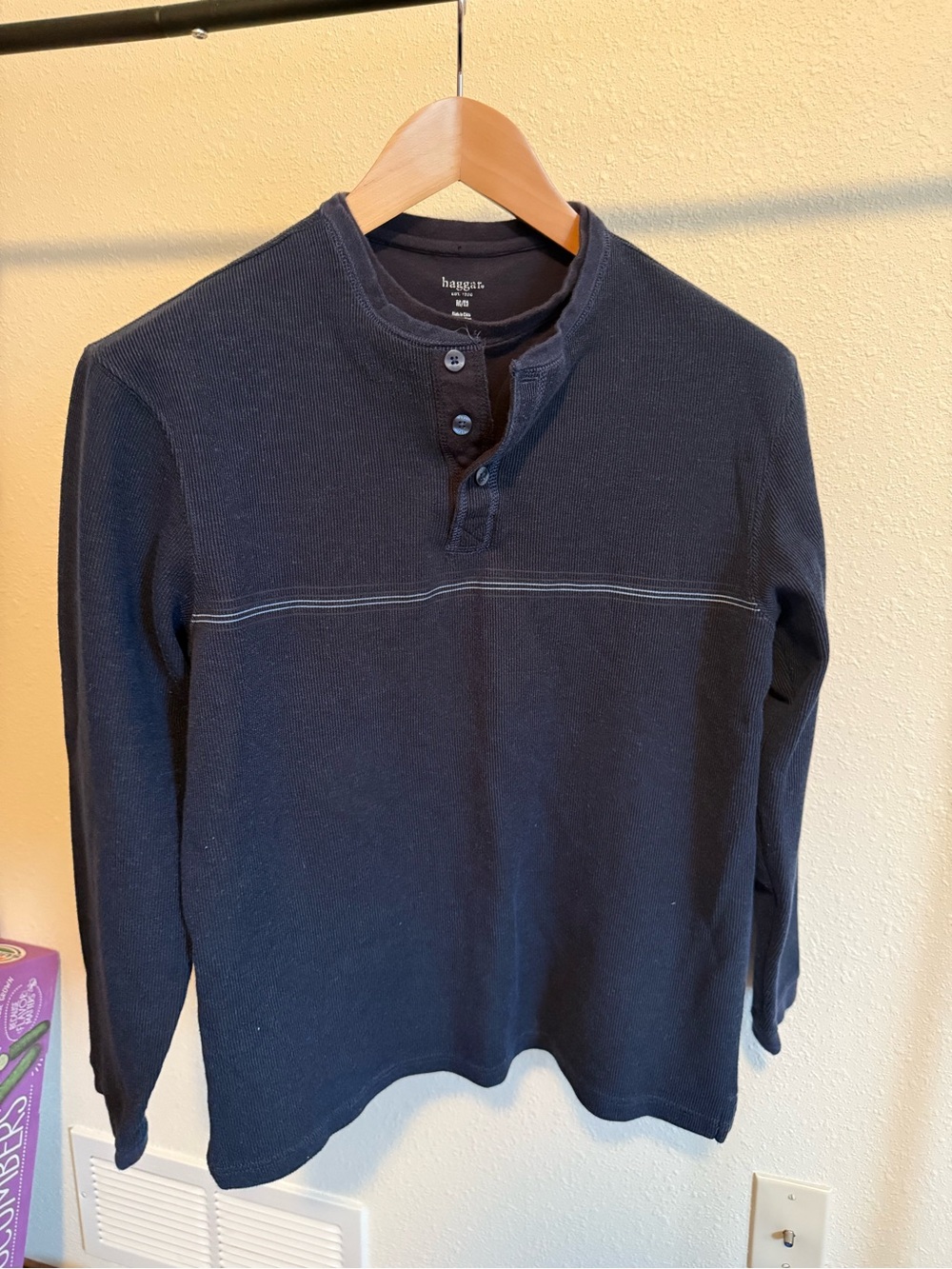 Haggar Dark Navy Long-Sleeve Henley with Contrast Stitch